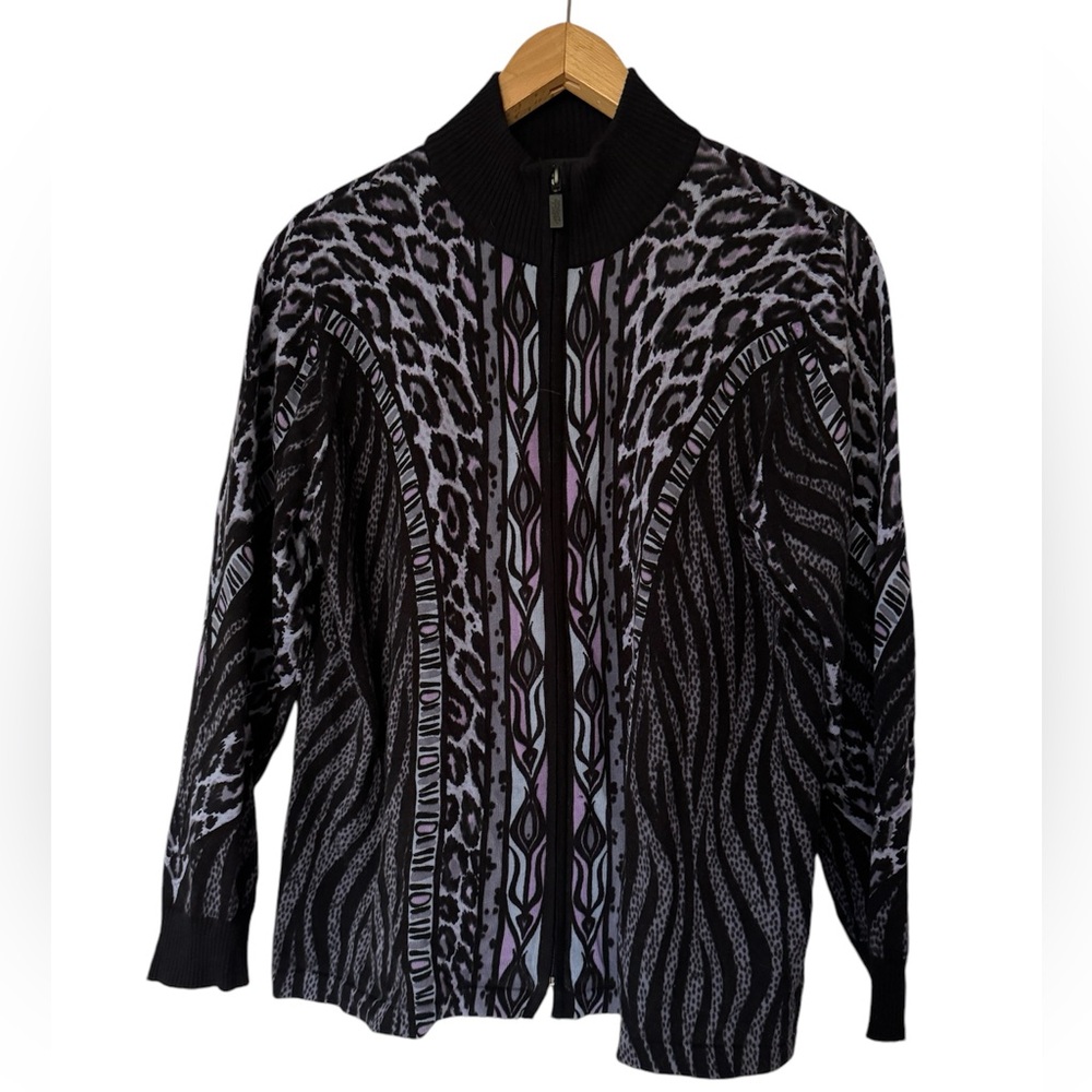 Bob Mackey Wearable Art Black Geometric Print Zip Cardigan Sweater Size L